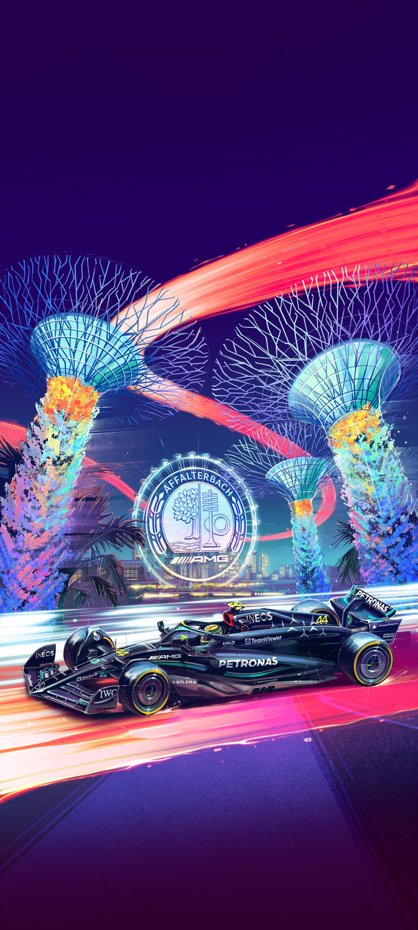 1boy absurdres andrew_mytro car driving formula_one formula_racer gloves helmet highres lewis_hamilton mercedes-amg_f1_w14 mercedes-benz_amg_gt motor_vehicle official_art race_vehicle racecar real_life real_world_location singapore skyline spoiler_(automobile) supertree_grove vehicle_focus yellow_gloves yellow_headwear