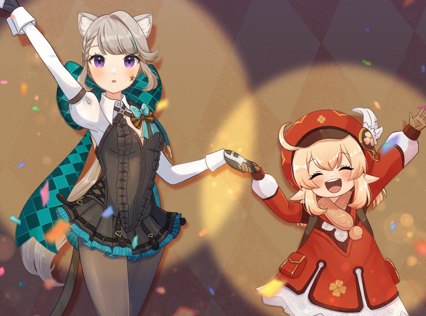 2girls :d ^_^ absurdres ahoge animal_ear_fluff animal_ears arm_up backpack bag bow braid brown_gloves cabbie_hat cat_ears cat_girl cat_tail closed_eyes coat commentary_request confetti elf forehead genshin_impact gloves grey_hair hair_between_eyes hair_bow hair_ribbon hat hat_feather hat_ornament height_difference highres hoyoverse klee_(genshin_impact) light_brown_hair loli long_hair long_sleeves looking_at_viewer low_ponytail low_twintails lynette_(genshin_impact) mihoyo_technology_(shanghai)_co._ltd. multiple_girls nami_harakamiaka parted_bangs parted_lips pocket pointy_ears red_coat red_headwear ribbon sidelocks single_braid smile star_tattoo tail tattoo twintails two-tone_gloves violet_eyes