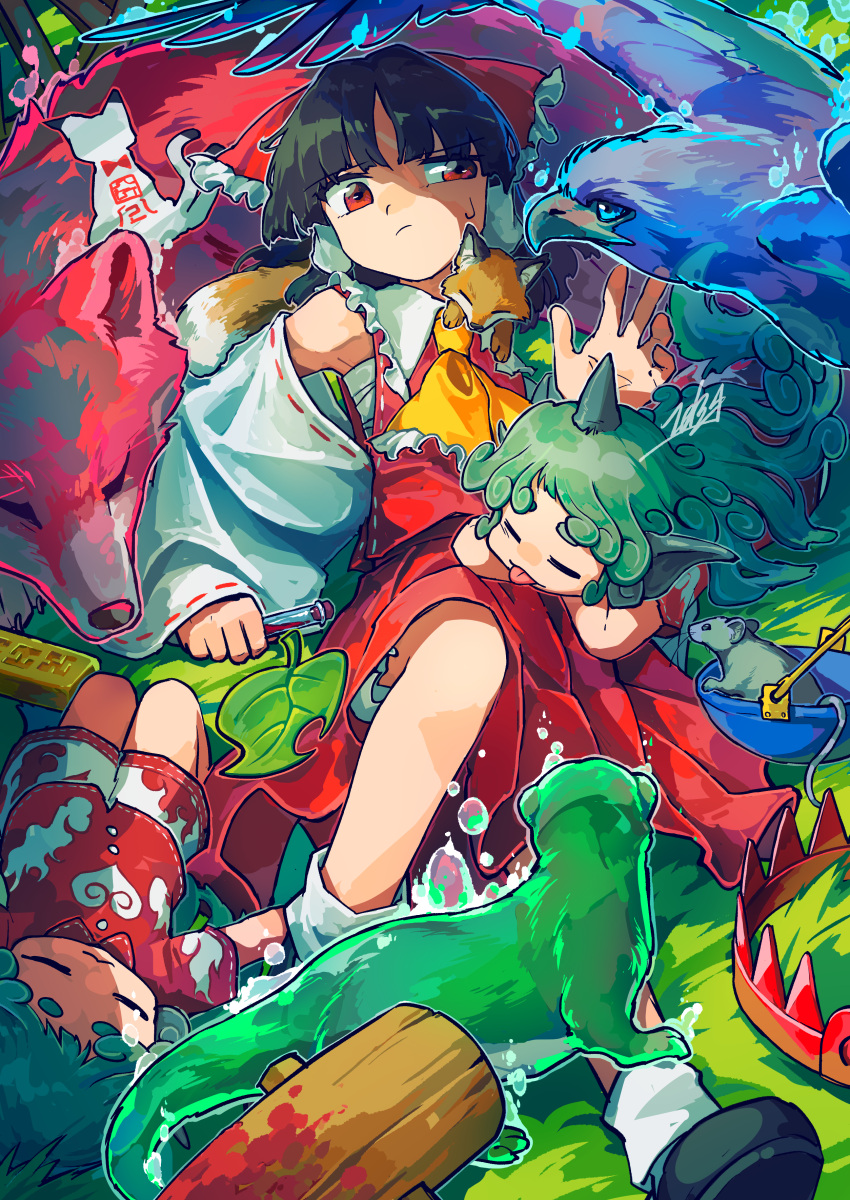 3girls absurdres ascot bird black_footwear black_hair bow closed_eyes closed_mouth cloud_print commentary_request curly_hair detached_sleeves doggo_1d34 eagle eagle_spirit_(touhou) foothold_trap fox frilled_ascot frilled_bow frills full_body grass green_hair hair_bow hakurei_reimu highres holding holding_test_tube horns kariyushi_shirt komainu_ears komano_aunn leaf long_hair looking_at_viewer mallet mouse multiple_girls on_ground otter otter_spirit_(touhou) red_bow red_eyes red_shirt red_skirt red_vest ribbon-trimmed_sleeves ribbon_trim shirt shorts signature single_horn skirt sleeping socks spirit sweatdrop test_tube tongue tongue_out touhou unfinished_dream_of_all_living_ghost vest white_shorts white_sleeves white_socks wide_sleeves wolf wolf_spirit_(touhou) yellow_ascot