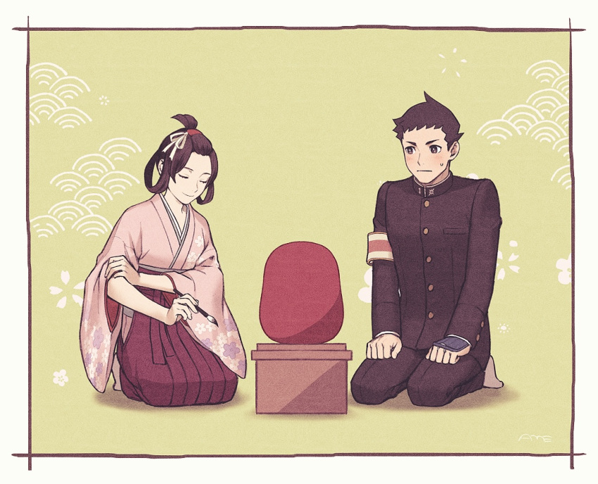1boy 1girl ace_attorney amemomism armband artist_name bangs_pinned_back black_eyes black_hair black_jacket black_pants blush border buttons closed_eyes closed_mouth commentary_request daruma_doll floral_print full_body green_background hair_ribbon hair_rings hakama hakama_skirt hand_on_own_arm hands_on_own_knees holding holding_paintbrush jacket japanese_clothes kimono long_sleeves looking_at_another paintbrush pants pink_kimono red_skirt ribbon rolling_sleeves_up ryunosuke_naruhodo seiza short_hair sitting skirt smile susato_mikotoba sweatdrop the_great_ace_attorney updo white_border wide_sleeves yellow_ribbon