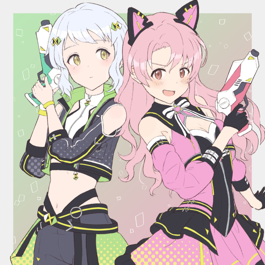 2girls animal_ears black_gloves black_jacket black_shorts blue_hair blush bow bowtie cat_ears clea clothing_cutout commentary_request crop_top detached_sleeves dot_nose dress expressionless fake_animal_ears flat_chest gloves gradient_background green_background gun hair_ornament hairclip hands_up highres holding holding_gun holding_weapon idolmaster idolmaster_million_live! idolmaster_million_live!_theater_days jacket light_blue_hair long_hair long_sleeves looking_at_another looking_at_viewer makabe_mizuki midriff multiple_girls navel official_alternate_costume official_alternate_hair_color open_mouth pink_dress pink_hair pink_skirt pink_sleeves razi red_eyes shirt short_hair shorts shoulder_cutout sidelocks skirt smile striped striped_bow striped_bowtie takayama_sayoko v-shaped_eyebrows wavy_hair weapon white_bow white_bowtie white_shirt yellow_eyes yellow_wristband