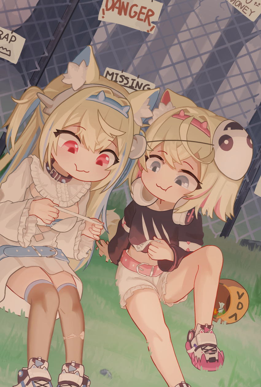 2girls absurdres animal_ears belt belt_collar black_collar black_shirt blonde_hair blue_belt blue_eyes blue_hair breasts collar cropped_shirt dog_ears dog_girl dress fishnet_thighhighs fishnets frilled_shorts frills fuwawa_abyssgard halloween_bucket headphones headphones_around_neck highres holding holding_paper hololive hololive_english long_hair mask mask_on_head medium_breasts missing_poster mococo_abyssgard multicolored_hair multiple_girls nanachides paper pink_belt pink_eyes pink_hair shirt shoes short_shorts shorts siblings sisters sitting sneakers spiked_collar spikes streaked_hair thigh-highs twins two_side_up virtual_youtuber white_dress white_footwear white_shorts