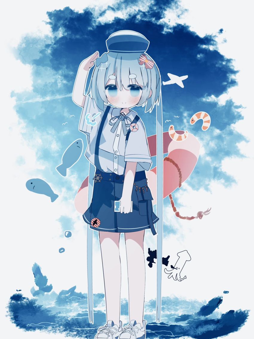 1girl =3 aircraft airplane animal bird blue_bow blue_bowtie blue_eyes blue_hair blue_ribbon blue_skirt blush bow bowtie commentary contrail fish full_body hair_bow hand_up hatsune_miku highres hikimayu holding lifebuoy long_hair looking_at_viewer miniskirt neck_ribbon ocean outdoors polka_dot_bowtie red_bow red_bowtie ribbon salute ship's_wheel shirt shoes short_sleeves shrimp skirt sky smile sneakers solo squid standing striped striped_bow striped_bowtie suspender_skirt suspenders syare_0603 twintails very_long_hair vocaloid water_drop white_footwear yokohama_doll_museum_miku