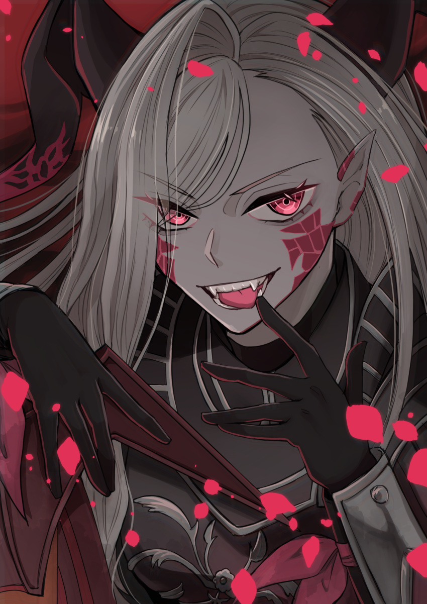 1girl armor eguchi_kaimu facial_mark fangs fate/grand_order fate_(series) gloves gorget highres horns long_hair looking_at_viewer nero_claudius_(fate) petals pointy_ears queen_draco_(beast_vi/s)_(fate) queen_draco_(fate) red_background red_eyes solo tongue tongue_out tsurime