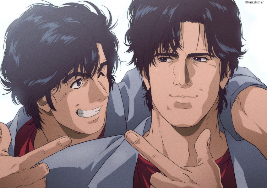 2boys black_eyes black_hair city_hunter closed_mouth dual_persona fingernails grey_jacket grin hand_on_another's_shoulder highres jacket male_focus multiple_boys nicky_larson_et_le_parfum_de_cupidon one_eye_closed pointing pointing_at_another red_shirt saeba_ryou shirt short_hair sideburns smile twitter_username white_background yuu_(masarunomori)