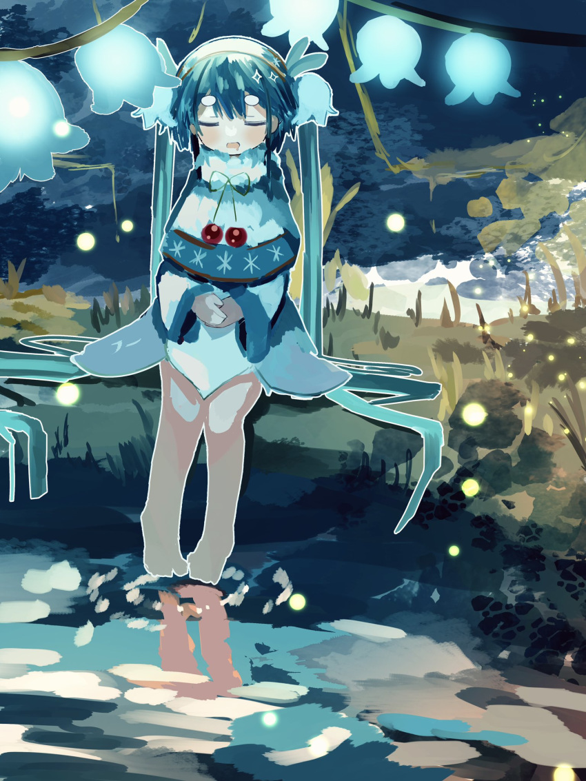 1girl ainu_clothes aqua_hair bare_legs barefoot capelet closed_eyes commentary dress drooling flower fur-trimmed_capelet fur_trim glowing_flower grass hair_flower hair_ornament hairband hatsune_miku highres hikimayu light_particles lily_of_the_valley long_hair mouth_drool neck_ribbon open_mouth outdoors own_hands_together pond reflection ribbon rowan sitting sleeping sleeping_upright snowflake_print soaking_feet solo syare_0603 twintails very_long_hair vocaloid white_capelet white_dress white_flower yuki_miku yuki_miku_(2015)