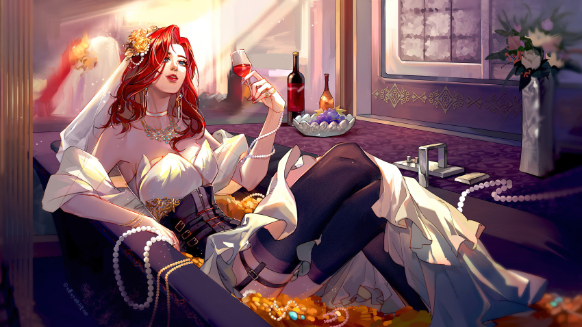 1girl absurdres alcohol bathtub bottle brown_hair corset cup drinking_glass highres jewelry league_of_legends miss_fortune_(league_of_legends) non-web_source thigh-highs wine wine_bottle wine_glass