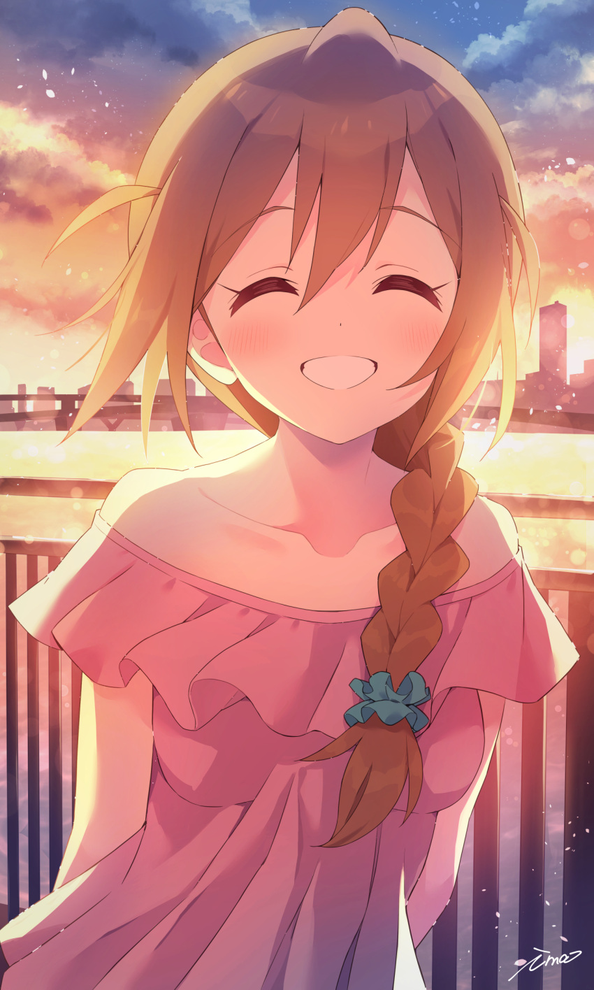 1girl aqua_scrunchie arms_behind_back baba_konomi bare_shoulders braid breasts bridge brown_hair building city closed_eyes clouds collarbone commentary dot_nose facing_viewer fence frilled_shirt frills gradient_sky hair_between_eyes hair_ornament hair_scrunchie highres idolmaster idolmaster_million_live! ima_(lm_ew) light_blush long_hair off-shoulder_shirt off_shoulder pink_shirt river scrunchie shirt side_ahoge sidelocks signature sky small_breasts smile solo sunlight sunset upper_body