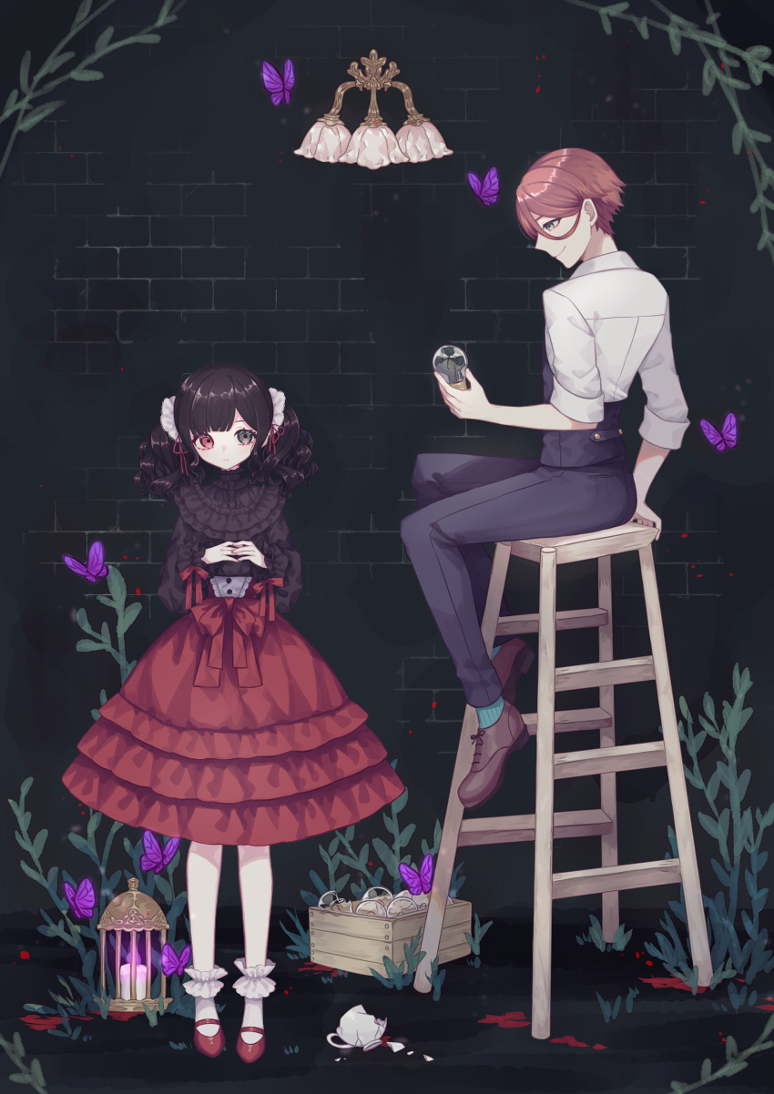1boy 1girl :&lt; absurdres akikawa_higurashi ambiguous_red_liquid aqua_socks black_eyes black_hair black_pants black_shirt black_vest blunt_bangs bow box brick_wall broken_cup brown_footwear brown_hair bug butterfly candle center_frills cross-laced_footwear cup eye_contact fire frilled_socks frills full_body green_eyes hair_between_eyes hair_ribbon hanging_light heterochromia high-waist_skirt highres holding ladder lantern layered_skirt light_bulb long_bangs long_hair long_sleeves looking_at_another mary_janes medium_skirt original own_hands_together pants plant profile purple_butterfly purple_fire red_bow red_eyes red_footwear red_ribbon red_skirt ribbon shirt shoes short_hair sideways_glance sitting skirt sleeve_ribbon sleeves_rolled_up smile socks standing stepladder teacup twintails vest waist_bow wavy_hair white_shirt white_socks