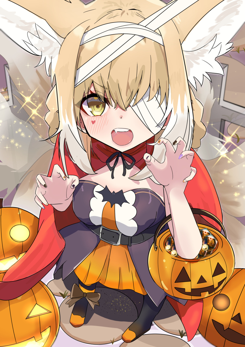 1girl absurdres akabeko123 alternate_costume animal_ear_fluff animal_ears arknights bandage_over_one_eye belt black_belt black_nails blonde_hair blush braid braided_hair_rings claw_pose cloak colored_tips commentary_request dress fang fingernails fox_ears fox_girl fox_tail full_body hair_rings halloween hands_up highres jack-o'-lantern kitsune kyuubi looking_at_viewer multicolored_hair multicolored_nails multiple_tails open_mouth orange_dress orange_nails purple_dress purple_nails red_cloak short_hair standing strapless strapless_dress suzuran_(arknights) tail teeth twin_braids two-tone_dress two-tone_hair upper_teeth_only white_hair yellow_eyes