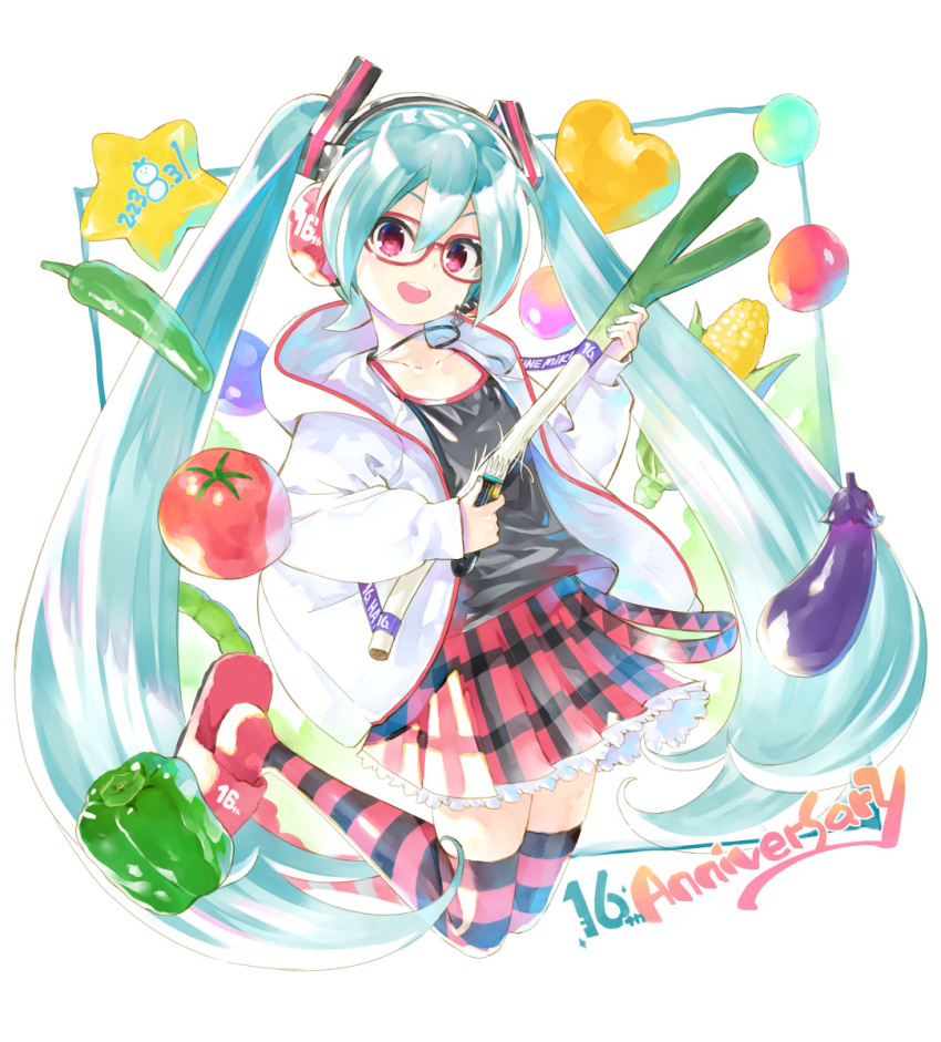 1girl anniversary apple aqua_hair bell_pepper black_shirt black_skirt black_thighhighs character_name chili_pepper collarbone commentary corn cutting dated eggplant food frilled_skirt frills fruit glasses green_pepper hair_ornament hatsune_miku headphones headset heart highres holding holding_food holding_spring_onion holding_tool holding_vegetable hood hooded_jacket improvised_instrument jacket jewelry jumping kei_(keigarou) legs_up long_hair looking_at_viewer midair miniskirt natural_(module) necklace open_mouth plaid plaid_skirt pleated_skirt project_diva_(series) red-framed_eyewear red_eyes red_footwear red_skirt red_thighhighs shirt skirt smile solo spring_onion star_(symbol) striped striped_thighhighs teeth thigh-highs tomato twintails unconventional_guitar upper_teeth_only vegetable very_long_hair vocaloid white_background white_jacket