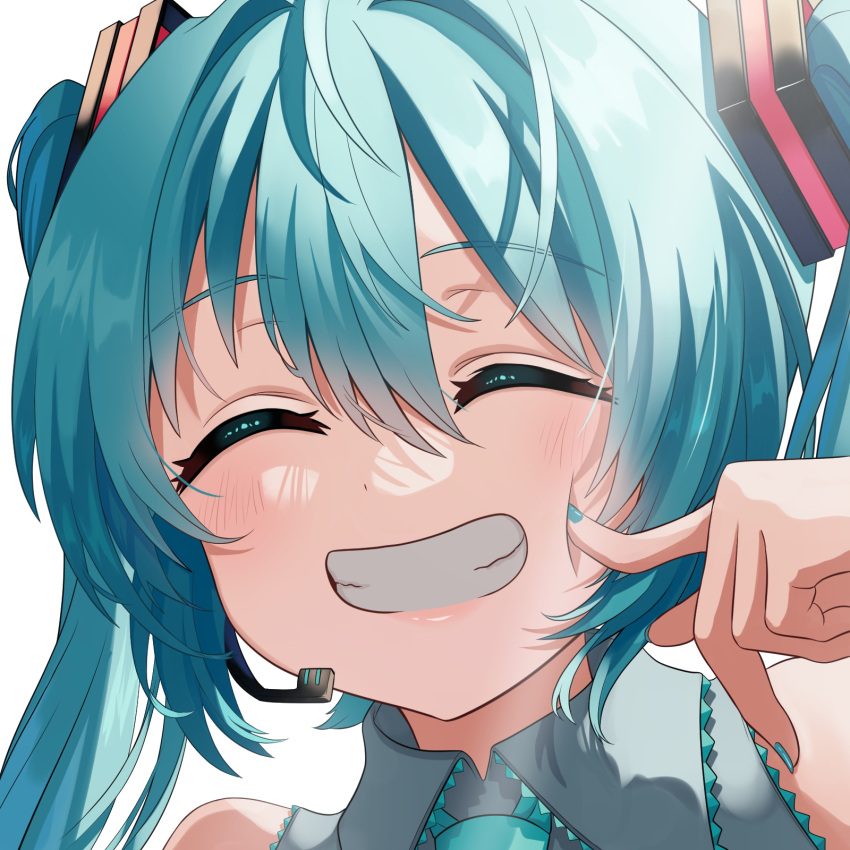 1girl aqua_hair aqua_nails bare_shoulders cheek_poking clip_studio_paint_(medium) closed_eyes collared_shirt double-parted_bangs grin hair_between_eyes hatsune_miku headset highres lace-trimmed_shirt lace_trim long_hair poking portrait shirt simple_background sleeveless sleeveless_shirt smile solo tatyaoekaki twintails vocaloid white_background