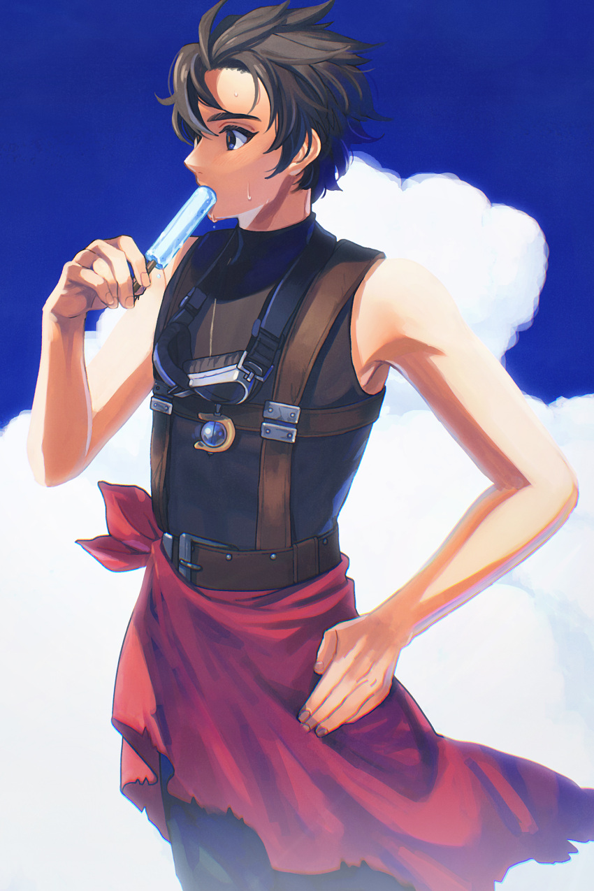 1boy alec_(arc_the_lad) arc_the_lad arc_the_lad_iii black_hair closed_mouth clouds food food_in_mouth goggles highres holding holding_food holding_popsicle iro_saki jewelry male_focus necklace popsicle short_hair solo spiky_hair