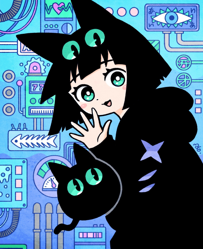1girl :3 animal_ears aqua_eyes black_hair black_hoodie blue_theme blunt_bangs blunt_ends blush_stickers bright_pupils cable cat cat_ears commentary_request dot_nose extra_eyes fish_skeleton_print garouma gauge hand_up heart highres hood hood_down hoodie industrial_pipe long_sleeves looking_at_viewer looking_to_the_side open_mouth original short_hair signature smile solo white_pupils