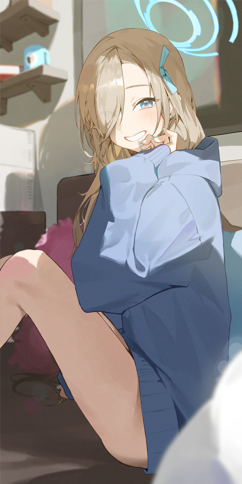 1girl absurdres asuna_(blue_archive) blue_archive blue_eyes blue_halo blue_hoodie blue_nails blurry blurry_background blush cup fingernails grin hair_over_one_eye halo highres hood hoodie kji_(rozo) light_brown_hair long_hair long_sleeves looking_at_viewer nail_polish sitting smile solo