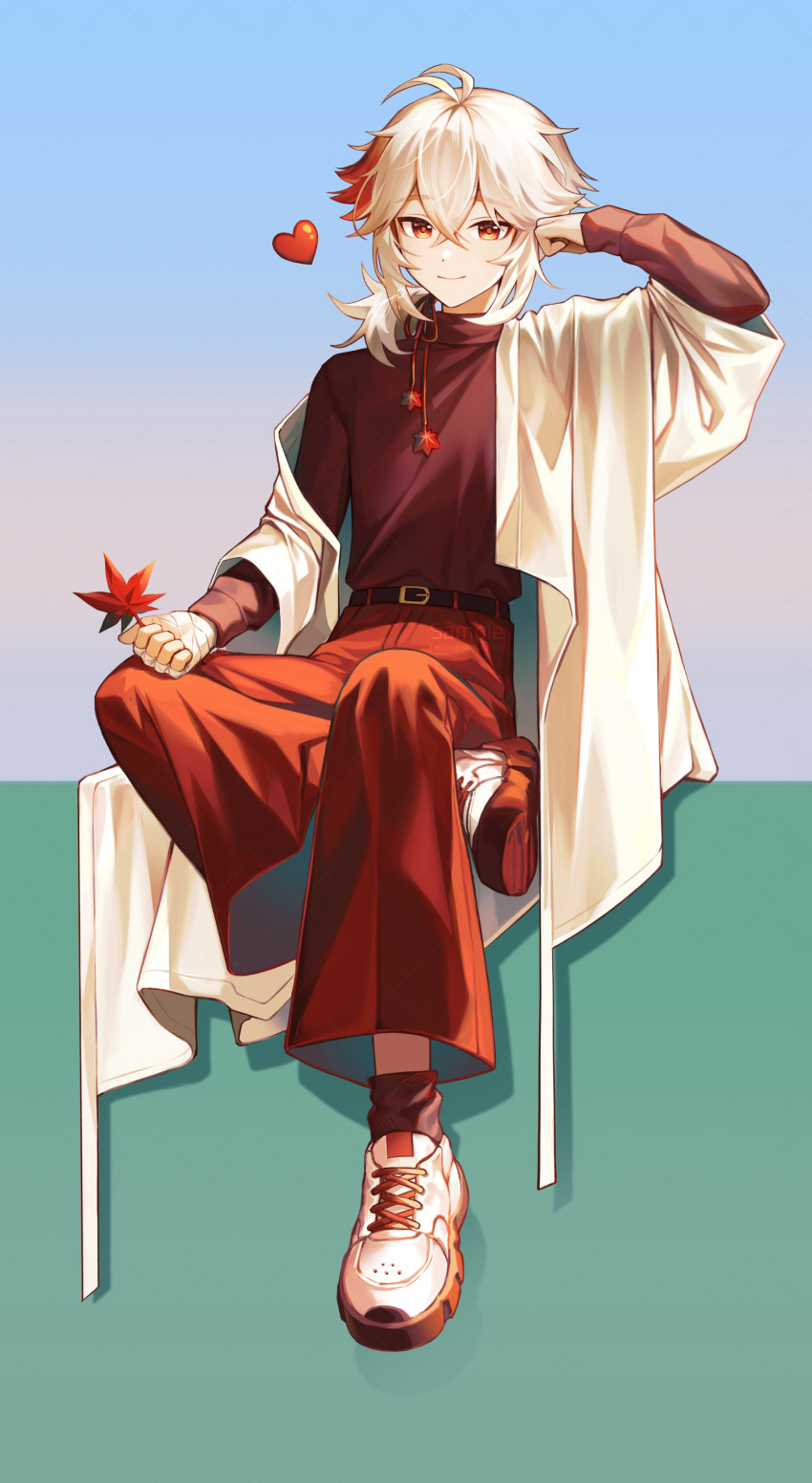 1boy absurdres alternate_costume closed_mouth crossed_bangs full_body genshin_impact hair_between_eyes highres holding holding_leaf ice_s_s_z kaedehara_kazuha leaf long_sleeves looking_at_viewer male_focus multicolored_hair off_shoulder pants ponytail red_eyes red_pants red_sweater redhead shoes signature simple_background sitting sneakers solo streaked_hair sweater turtleneck turtleneck_sweater white_footwear white_hair