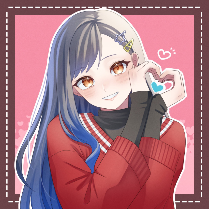 1girl blue_hair commentary hair_ornament hairclip hands_up heart heart_hands highres long_hair long_sleeves looking_at_viewer orange_eyes project_sekai red_sweater shiraishi_an smile solo sweater teeth upper_body yk62