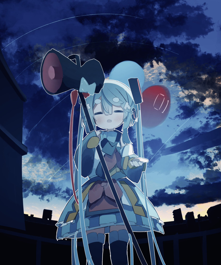 1girl =_= aqua_bow aqua_bowtie aqua_hair balloon black_footwear black_sleeves boots bow bowtie cityscape closed_eyes clouds cloudy_sky commentary cowboy_shot detached_sleeves facing_viewer fang hair_ribbon hatsune_miku headphones highres hikimayu holding holding_staff knee_boots long_hair magical_mirai_(vocaloid) magical_mirai_miku magical_mirai_miku_(2018) megaphone multicolored_clothes multicolored_skirt open_mouth outdoors pink_bow pink_bowtie pleated_skirt reaching reaching_towards_viewer ribbon segment_display seven-segment_display shirt skin_fang skirt sky solo staff standing syare_0603 twilight twintails very_long_hair vocaloid white_ribbon white_shirt yellow_bow yellow_bowtie