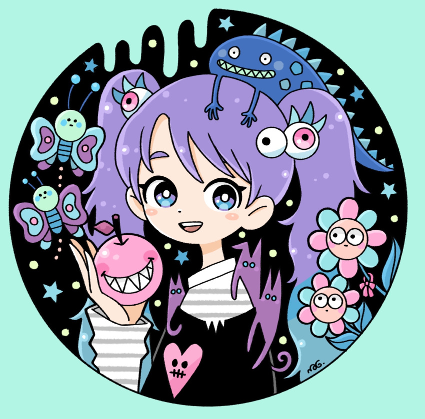 1girl :d animal apple aqua_hair bright_pupils bug butterfly cat commentary creature_on_head eyeball_hair_ornament flower food fruit garouma green_background hand_up highres holding holding_food holding_fruit long_hair long_sleeves looking_at_viewer multicolored_hair open_mouth original purple_hair red_ribbon ribbon round_image shirt smile solo star_(symbol) striped striped_shirt symbol-only_commentary twintails violet_eyes white_pupils