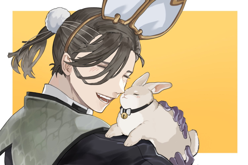 1boy :d ^_^ alternate_costume alternate_hairstyle animal animal_ears bell black_jacket border brown_hair closed_eyes donkey_fgo facing_to_the_side fake_animal_ears fangs fate/grand_order fate_(series) gloves hair_ornament hair_over_one_eye hairband heart heart_print holding holding_animal jacket light_blush male_focus neck_bell outside_border pom_pom_(clothes) pom_pom_hair_ornament portrait purple_gloves rabbit rabbit_ears short_ponytail simple_background smile solo teeth white_border yamanami_keisuke_(fate) yellow_background
