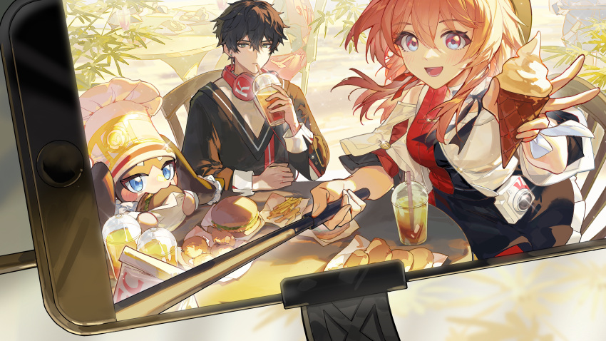1boy 1girl 1other absurdres bare_shoulders black_skirt blue_eyes breasts burger camera cellphone chinese_commentary commentary_request cup dan_heng_(honkai:_star_rail) dan_heng_(kfc)_(honkai:_star_rail) detached_collar disposable_cup drink drinking_straw earrings food glint hair_between_eyes headphones headphones_around_neck highres holding holding_drink holding_food holding_ice_cream honkai:_star_rail honkai_(series) ice_cream iphone jewelry kfc layered_clothes march_7th_(honkai:_star_rail) march_7th_(kfc)_(honkai:_star_rail) medium_breasts medium_hair official_alternate_costume open_mouth phone pink_hair pom-pom_(honkai:_star_rail) pom-pom_(kfc)_(honkai:_star_rail) rafaelaaa ribbon selfie selfie_stick single_earring skirt smartphone smile teeth two-tone_eyes v wrist_ribbon
