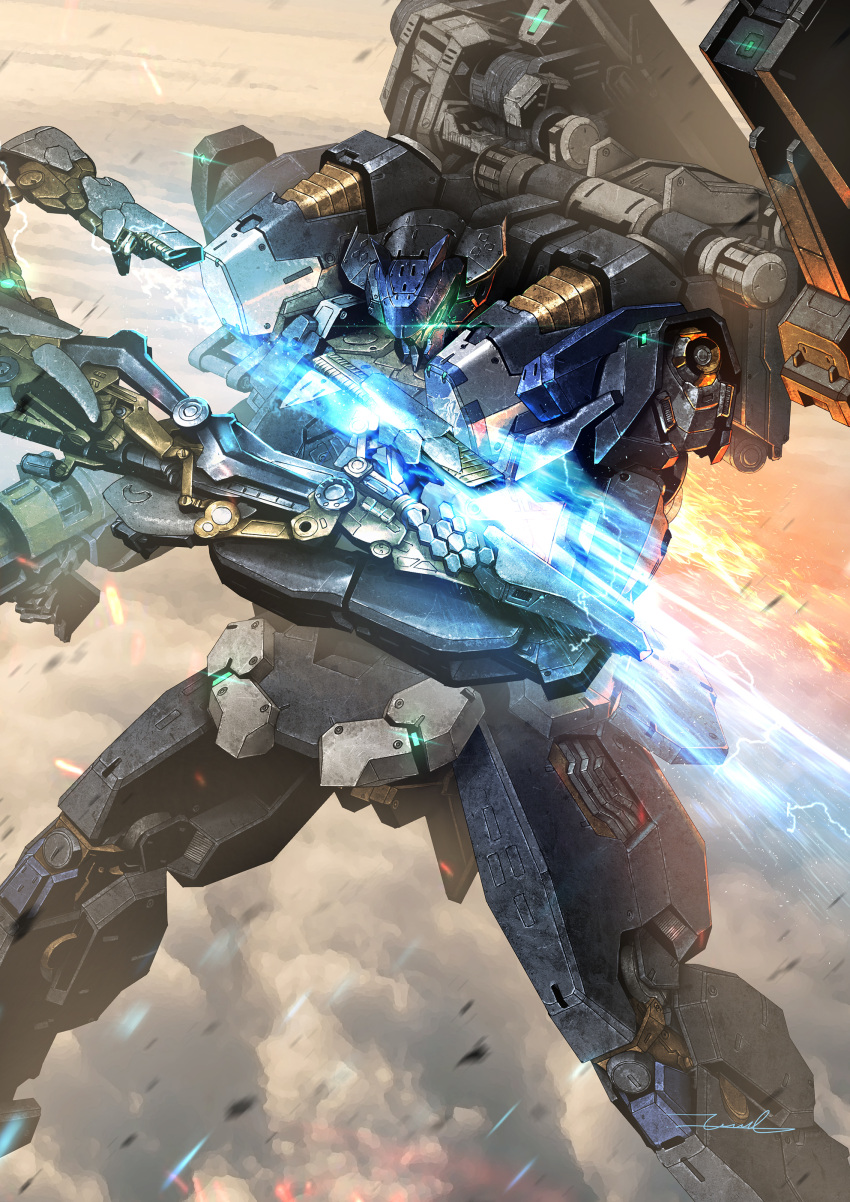 above_clouds absurdres armored_core armored_core_6 clouds commentary_request debris energy_blade english_commentary feet_out_of_frame fighting_stance fire glowing glowing_eyes green_eyes gun highres holding holding_gun holding_weapon legs_apart looking_at_viewer mecha mecha_focus midair mixed-language_commentary no_humans robot science_fiction shoulder_cannon signature solo steel_haze_ortus taka-f weapon