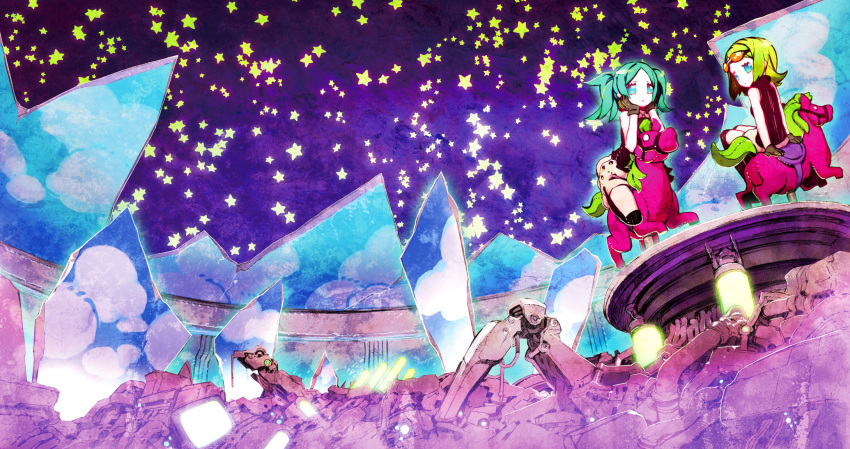 2girls album_cover alternate_costume aqua_eyes aqua_hair black_gloves black_shirt black_socks blue_eyes broken_ceiling carousel closed_mouth commentary_request cover expressionless from_below gloves goggles goggles_on_head green_hair gumi hatsune_miku head_rest highres medium_hair miwa_shirow monitor multiple_girls orange-tinted_eyewear over-kneehighs parted_bangs purple_sky riding robot shirt shorts sitting skirt sky sleeveless sleeveless_turtleneck socks star_(sky) star_(symbol) starry_sky thigh-highs tinted_eyewear turtleneck twintails vocaloid white_shorts white_skirt wide_shot wreckage