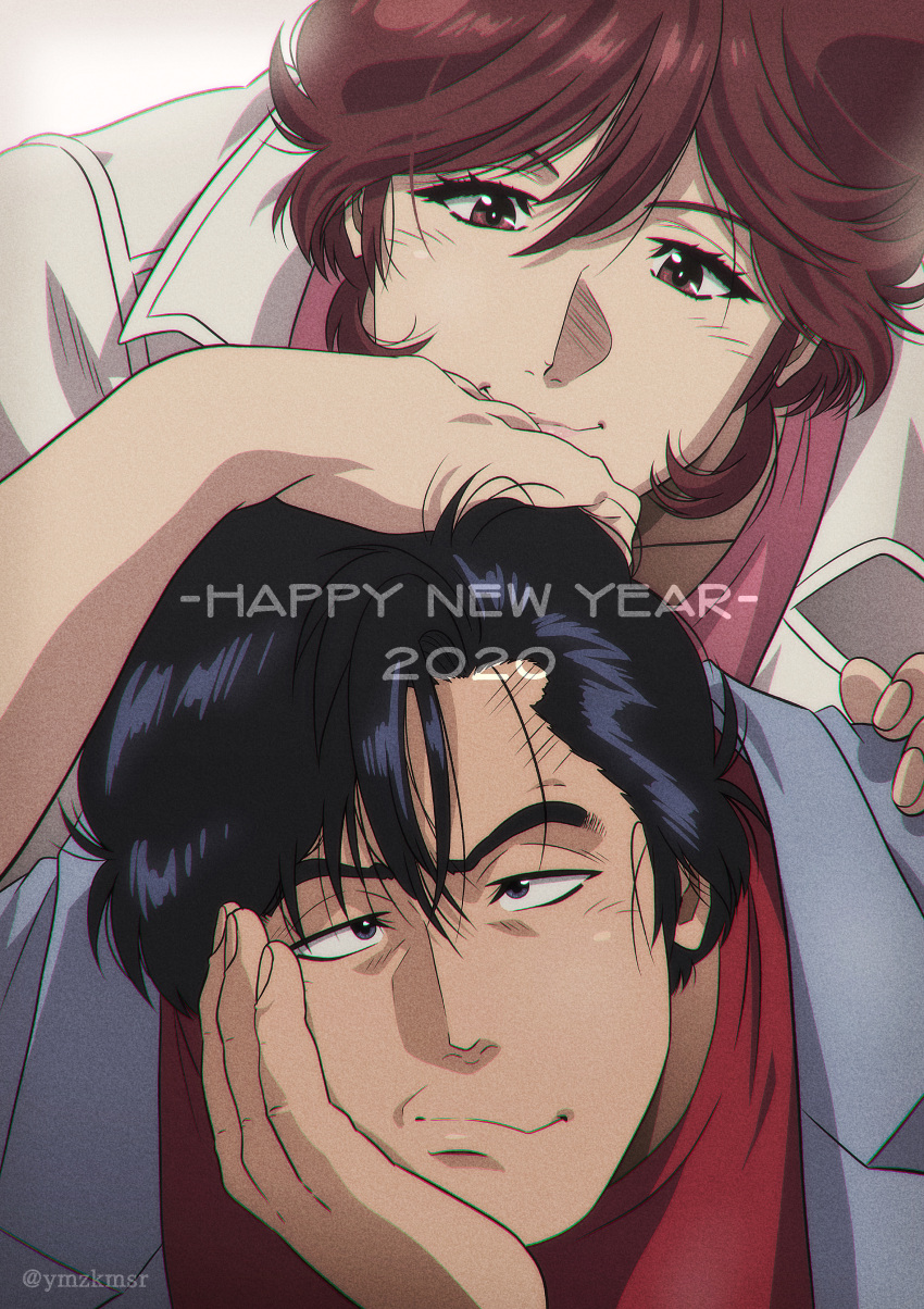 1boy 1girl 2020 absurdres black_eyes black_hair brown_hair city_hunter closed_mouth fingernails hair_between_eyes hand_on_another's_head hand_on_own_face happy_new_year highres jacket makimura_kaori pink_shirt red_shirt saeba_ryou shirt smile wavy_mouth white_jacket yuu_(masarunomori)