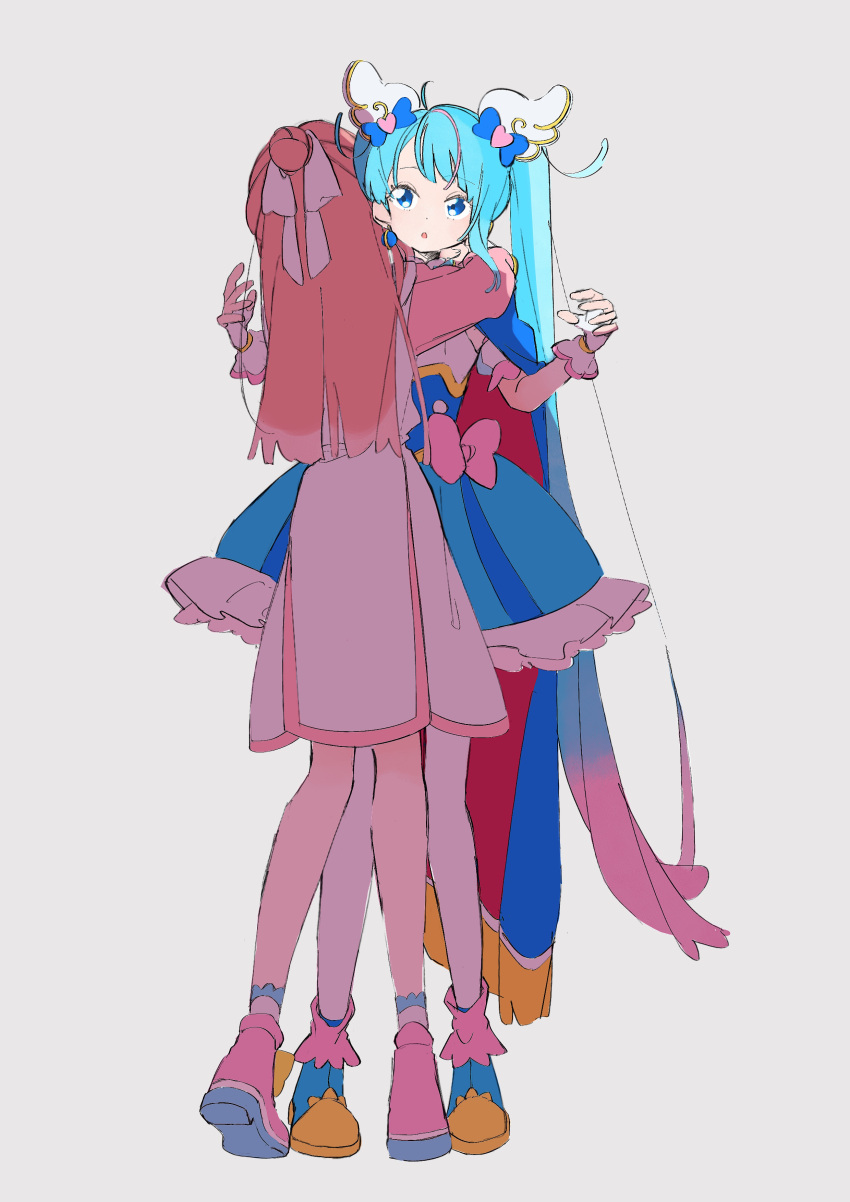 2girls 35kawaiiprpr :o absurdres ankle_boots blue_eyes blue_footwear blue_hair boots bow cape commentary cure_sky cut_bangs detached_sleeves dress dress_bow earrings fingerless_gloves frilled_dress frills fringe_trim gloves grey_background hair_bun hair_ribbon highres hirogaru_sky!_precure hug jewelry long_hair long_sleeves looking_at_another magical_girl medium_dress multiple_girls nijigaoka_mashiro parted_lips pink_footwear pink_hair precure puffy_detached_sleeves puffy_sleeves red_cape ribbon shoes short_dress simple_background single_hair_bun single_sidelock sora_harewataru standing thigh-highs twintails two-sided_cape two-sided_fabric very_long_hair white_dress white_gloves white_ribbon white_thighhighs wing_hair_ornament