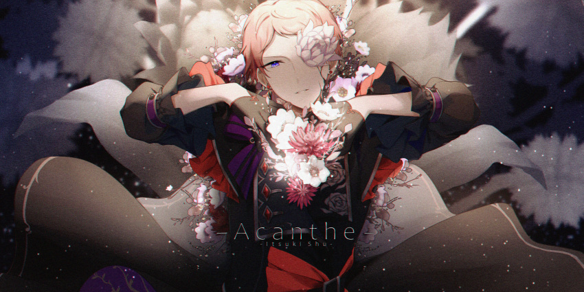 1boy absurdres belt belt_buckle black_belt black_capelet black_coat black_gloves buckle capelet character_name coat cracked_skin dreonya earrings ensemble_stars! floating_clothes floral_background floral_print flower flower_over_eye frilled_capelet frills gloves hands_on_own_chest hands_up head_tilt hermitage_(ensemble_stars!) highres itsuki_shu jewelry lapels light_particles looking_at_viewer male_focus official_alternate_costume parted_lips pink_flower pink_hair rose_print short_bangs short_hair solo song_name stud_earrings upper_body violet_eyes white_flower