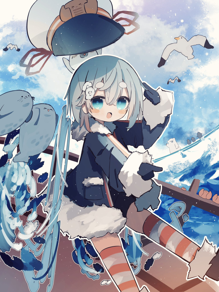 1girl :d animal aqua_eyes bear bird black_coat black_gloves black_shorts blue_hair blush_stickers boots coat commentary crab day dutch_angle feet_out_of_frame fur-trimmed_boots fur-trimmed_coat fur-trimmed_sleeves fur_trim gloves hat hat_removed hatsune_miku headwear_removed highres hikimayu kimiiro_marine_snow_(vocaloid) legs_up light_blue_hair light_smile long_hair military_uniform naval_uniform open_mouth outdoors peaked_cap penguin pocket pointing polar_bear red_ribbon red_thighhighs ribbon salute seagull seal_(animal) ship shorts smile striped striped_thighhighs syare_0603 thigh-highs twintails uniform very_long_hair vocaloid watercraft waves wavy_hair white_bird white_thighhighs yuki_miku yuki_miku_(2022)