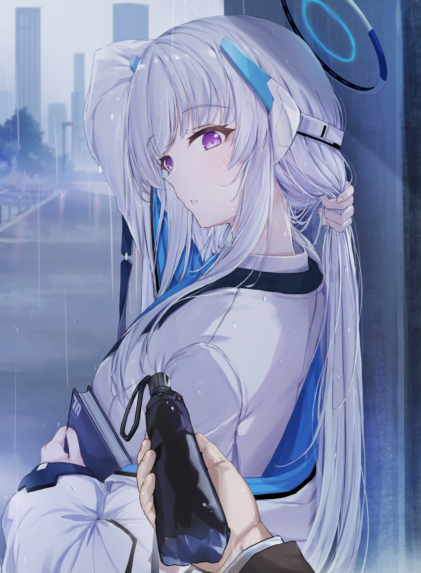 1girl 1other absurdres aka_(440626) blue_archive blue_necktie blush book collared_shirt grey_hair halo headphones highres holding holding_book holding_umbrella jacket long_hair necktie noa_(blue_archive) open_mouth rain shirt two-sided_fabric two-sided_jacket umbrella upper_body very_long_hair violet_eyes white_shirt