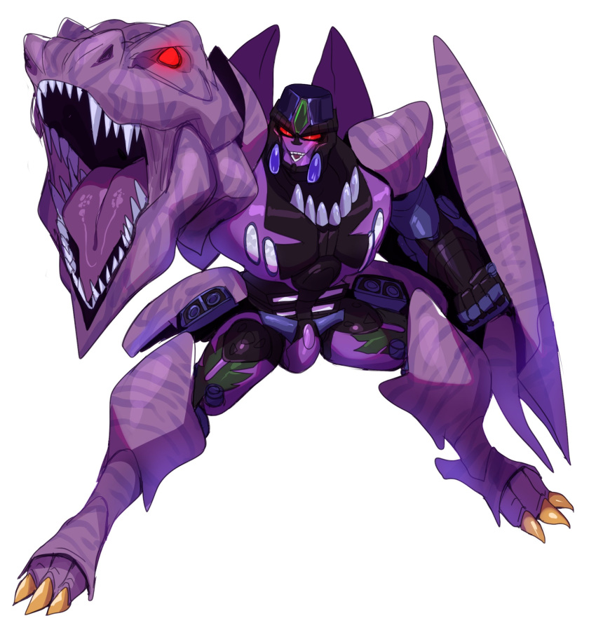 1boy beast_wars beast_wars:_transformers claws full_body glowing glowing_eyes highres lightsource male_focus mecha megatron_(beast_wars) no_humans open_mouth predacon red_eyes robot science_fiction sharp_teeth solo teeth transformers white_background