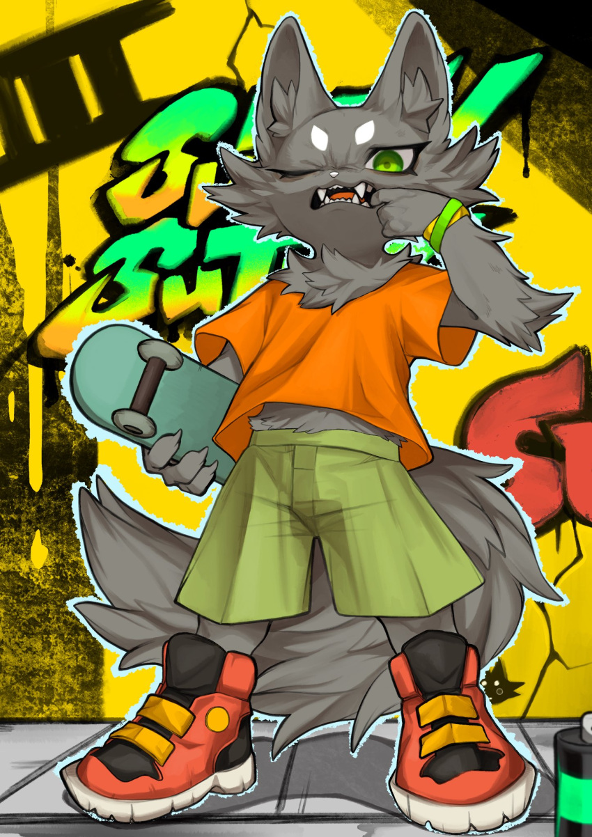 1boy animal_ear_fluff animal_ears body_fur child commentary_request fangs finger_in_own_mouth furry furry_male green_eyes green_shorts highres looking_at_viewer male_focus one_eye_closed orange_footwear orange_shirt original sharp_teeth shirt shorts skateboard snout solo suesubro tail teeth wolf_boy wolf_ears wolf_tail