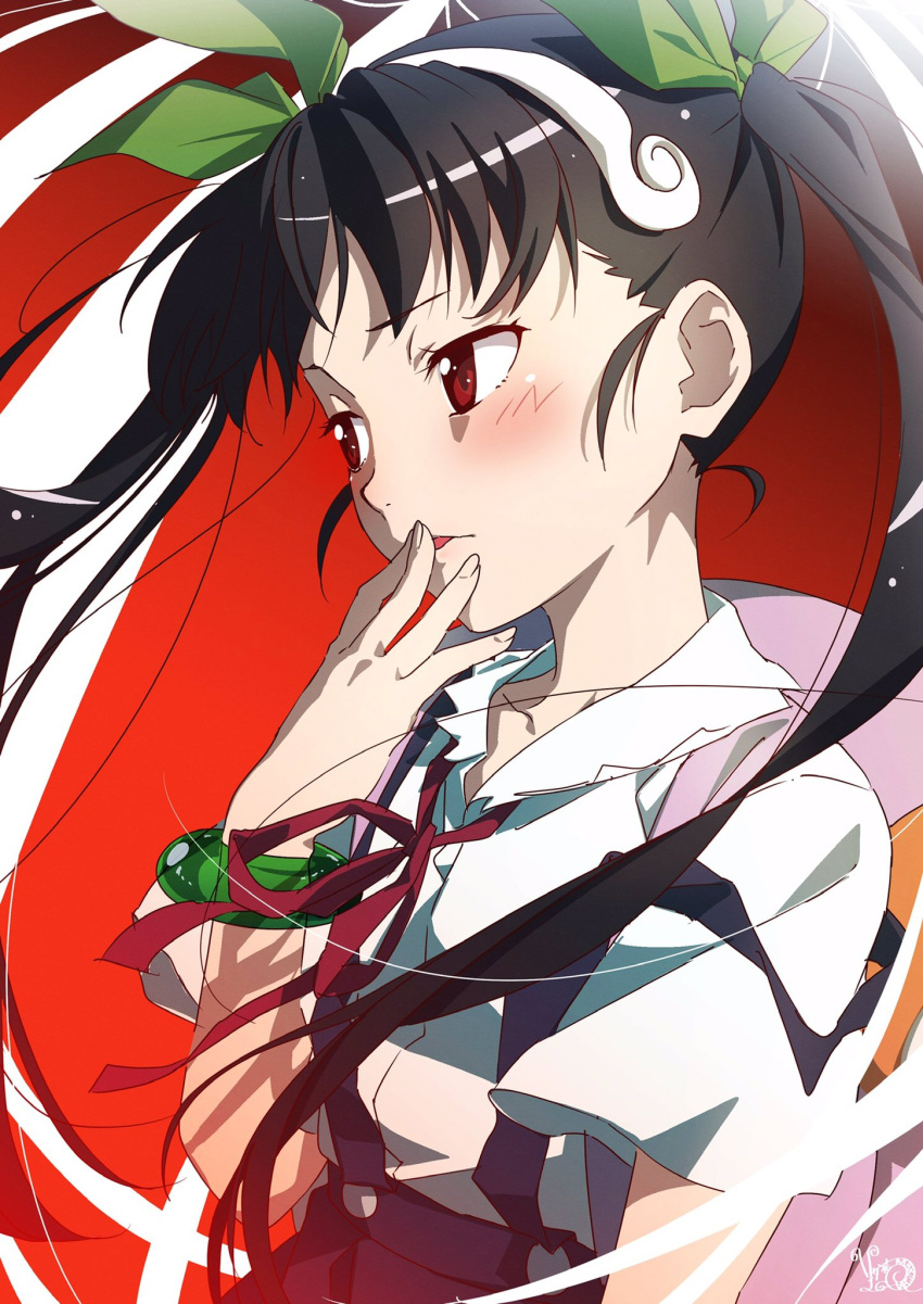 1girl arm_at_side backpack bag black_hair blush bow collarbone dress_shirt floating_hair gradient_background green_bow green_ribbon hachikuji_mayoi hair_ribbon hairband hand_to_own_mouth highres long_hair looking_ahead loose_hair_strand makicha_(sasurainopink) making-of_available messy_hair monogatari_(series) neck_ribbon pink_bag red_background red_eyes red_ribbon revision ribbon school_uniform shirt short_sleeves skirt solo suspender_skirt suspenders twintails upper_body white_hairband white_shirt wind