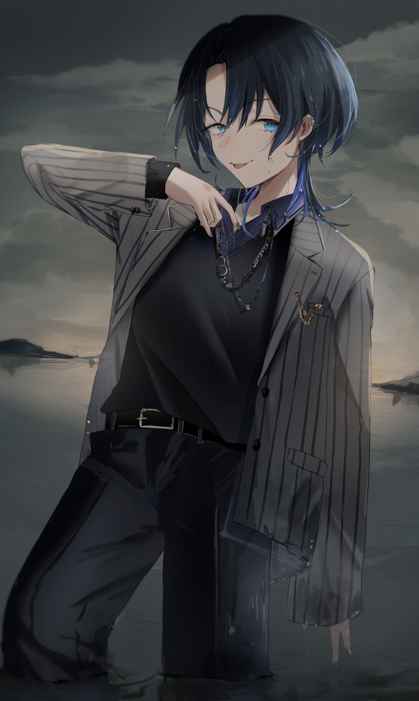 1girl absurdres akebisousaku black_nails black_pants black_sky black_sweater blue_eyes blue_hair blue_shirt collared_shirt dark_blue_hair earclip grey_jacket highres hiodoshi_ao hololive jacket jewelry long_sleeves looking_at_viewer nail_polish necklace pants partially_submerged shirt short_hair sky solo standing striped striped_jacket suit sweater tongue tongue_out vertical-striped_jacket vertical_stripes virtual_youtuber water wet wet_clothes