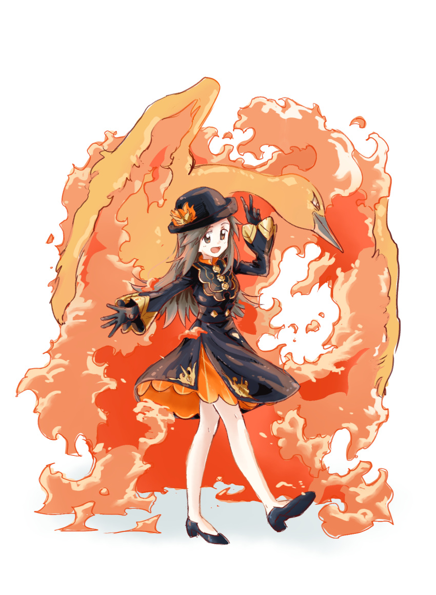 1girl black_gloves brown_eyes brown_hair dress fire gloves hat high_heels highres leaf_(pokemon) long_hair moltres open_mouth pantyhose pokemon pokemon_(creature) pokemon_(game) pokemon_masters_ex simple_background u4_99384295 v white_background white_pantyhose