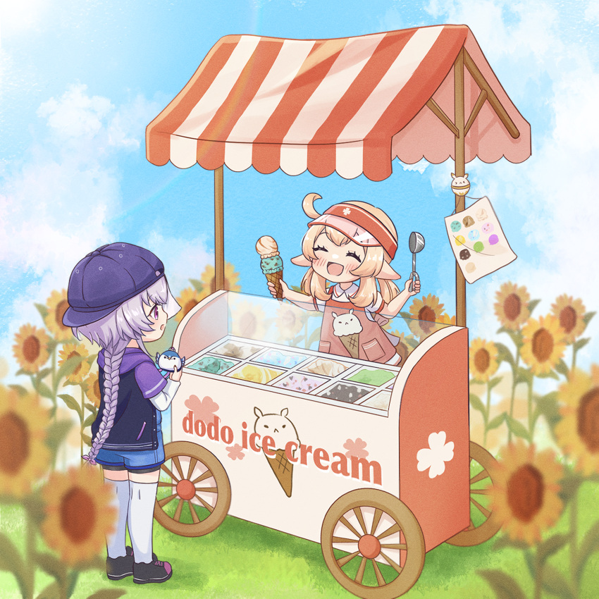 2girls :d ^_^ ahoge alternate_costume apron baseball_cap braid casual closed_eyes commentary_request contemporary dodoco_(genshin_impact) dual_wielding english_text flower food genshin_impact hair_between_eyes hat highres holding holding_food holding_ice_cream holding_ice_cream_scoop hood hooded_jacket ice_cream ice_cream_cone ice_cream_stand jacket jiangshi jumpy_dumpty klee_(genshin_impact) light_brown_hair long_hair long_sleeves looking_at_another low_ponytail low_twintails multicolored_clothes multicolored_jacket multiple_girls nami_harakamiaka ofuda_on_head outdoors pocket pointy_ears purple_hair qiqi_(genshin_impact) red_apron shirt short_sleeves sidelocks single_braid smile summer sunflower twintails two-tone_jacket violet_eyes visor_cap white_shirt zettai_ryouiki