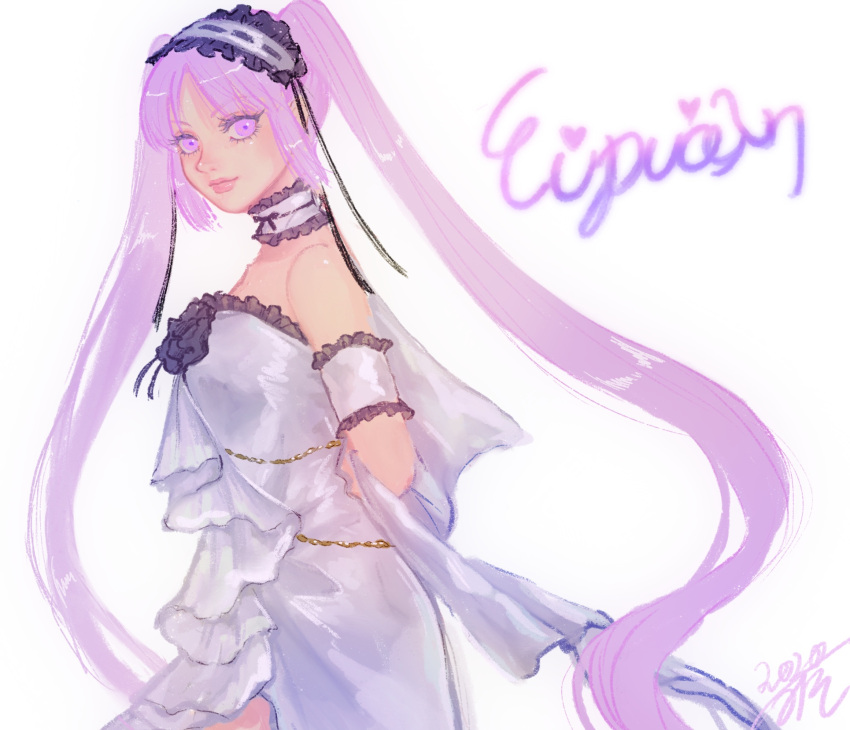 1girl arm_garter arms_behind_back character_name choker dress euryale_(fate) fate/grand_order fate/hollow_ataraxia fate_(series) frilled_choker frilled_hairband frills hairband highres lolita_hairband long_hair looking_at_viewer misomiso211 purple_hair simple_background smile solo twintails upper_body very_long_hair violet_eyes white_background white_dress