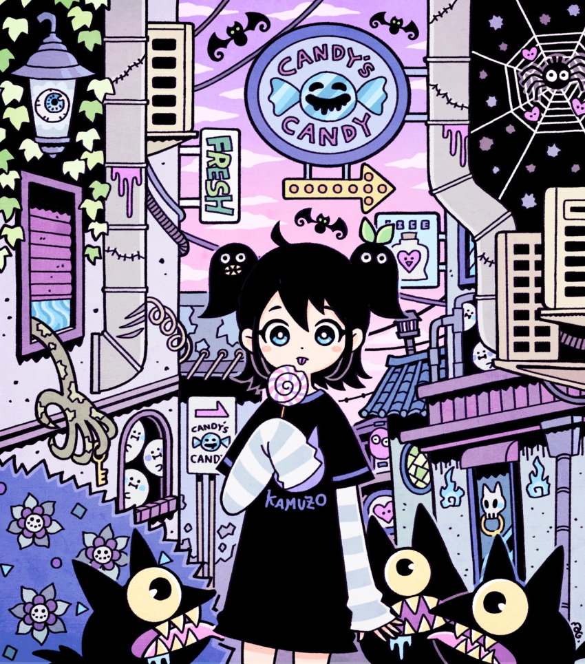 1girl air_conditioner animal arm_at_side arrow_(symbol) bat_(animal) black_dress black_hair blue_eyes blush_stickers bright_pupils bug building bush candy closed_mouth clothes_writing commentary_request cowboy_shot creature door_knocker dot_nose drainpipe dress drooling flower food food_bite garouma ghost hand_up highres hitodama holding holding_candy holding_food holding_lollipop industrial_pipe lantern layered_sleeves lollipop long_sleeves medium_hair original outdoors plant short_over_long_sleeves short_sleeves sign signature silk sleeves_past_fingers sleeves_past_wrists solo spider spider_web swirl_lollipop tongue tongue_out two_side_up vines white_pupils window_blinds