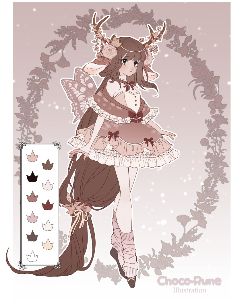 1girl absurdly_long_hair acorn_hair_ornament adoptable animal_ears antlers artist_name autumn autumn_leaves bare_shoulders black_footwear border bow bow_skirt bowtie brown_eyes brown_hair butterfly_wings choco-rune choker color_guide commentary deer_antlers deer_ears detached_sleeves english_commentary eyelashes flower footwear_bow frilled_shawl frilled_shirt frilled_skirt frills gradient_background hair_flower hair_ornament hair_ribbon highres layered_sleeves leaf_hair_ornament light_blush long_hair low-tied_long_hair mini_wings miniskirt orange_background orange_shirt original parted_lips pink_bow pink_flower pink_leg_warmers pink_rose red_bow red_bowtie red_shawl red_skirt ribbon rose shawl shirt shoes single_detached_sleeve single_sleeve skirt sleeveless sleeveless_shirt sleeves_past_wrists solo two-tone_shirt very_long_hair watermark white_border white_choker white_sleeves wings wreath yellow_ribbon yellow_shirt