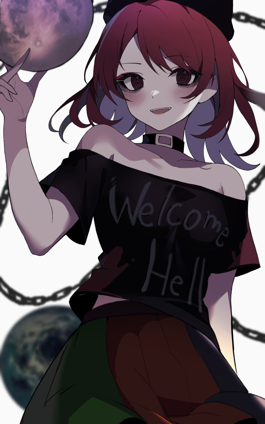 1girl bare_shoulders black_choker black_shirt blush chain choker clothes_writing collarbone colored_inner_hair earth_(planet) english_text hecatia_lapislazuli highres holding_moon holding_orb legacy_of_lunatic_kingdom long_hair looking_at_viewer multicolored_clothes multicolored_hair multicolored_skirt off-shoulder_shirt off_shoulder open_mouth parted_bangs planet polos_crown red_eyes redhead ringed_eyes shirt short_sleeves skirt smile solo t-shirt teeth touhou upper_teeth_only usuuuv white_background