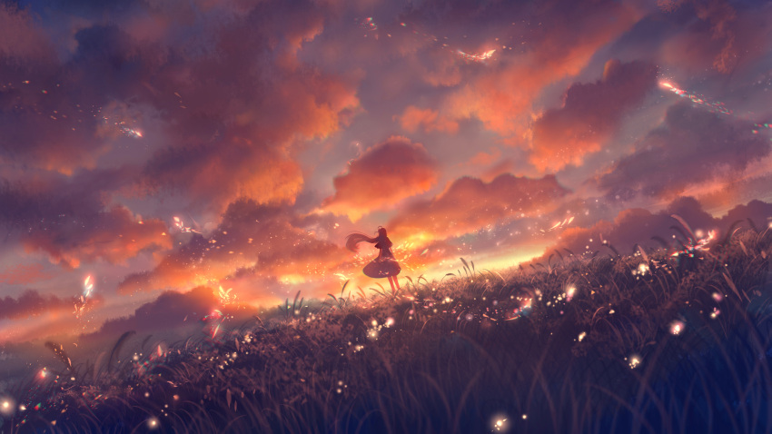 1girl ahoge arms_at_sides bare_legs blurry clouds cloudy_sky depth_of_field dress dutch_angle evening from_behind grass hair_ornament hair_ribbon highres long_hair original outdoors purple_sky reeds ribbon sakimori_(hououbds) scenery short_sleeves sky solo standing sunset wide_shot wind
