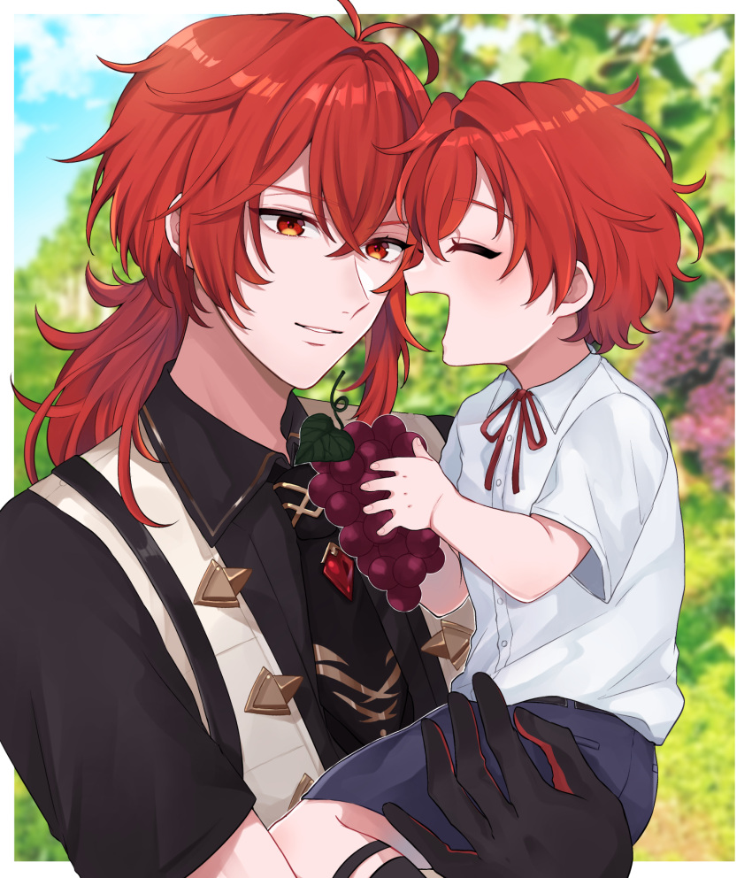 2boys black_gloves black_necktie carrying child closed_eyes diluc_(genshin_impact) father_and_son food fruit genshin_impact gloves grapes grey_shorts hair_between_eyes highres long_hair long_sleeves male_focus multiple_boys necktie open_mouth ponytail red_eyes red_ribbon redhead ribbon shirt shorts smile tahol_dr white_shirt