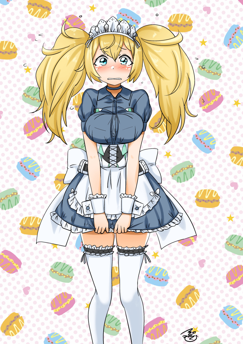1girl absurdres adapted_costume alternate_costume apron blonde_hair blue_eyes blush breast_pocket breasts collared_dress corset dress embarrassed enmaided frilled_apron frills gambier_bay_(kancolle) hair_between_eyes hairband highres kantai_collection large_breasts long_hair macaron_background maid maid_apron maid_headdress pocket short_sleeves solo tears thigh-highs tsukino_murakumo twintails waist_apron white_apron white_thighhighs