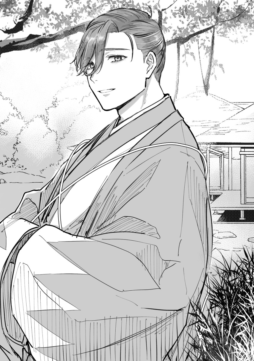 1boy architecture building east_asian_architecture fate/grand_order fate_(series) from_side grass greyscale hair_over_one_eye hair_pulled_back hands_in_opposite_sleeves haori highres itokon300 japanese_clothes kimono looking_at_viewer looking_to_the_side male_focus monochrome parted_lips shinsengumi short_hair smile solo tree upper_body yamanami_keisuke_(fate)