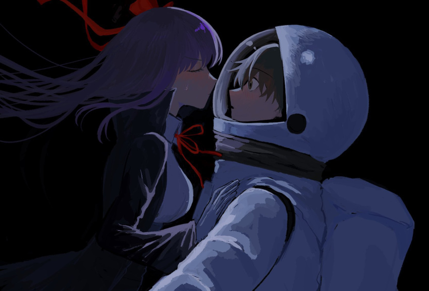 1473ex 1boy 1girl astronaut backpack bag bb_(fate) black_background black_jacket blush bow bowtie brown_eyes brown_hair closed_eyes collared_jacket collared_shirt commentary_request eyelashes fate/extra fate/extra_ccc fate/grand_order fate_(series) from_side glass gloves hair_bow hair_lift hand_on_another's_shoulder helmet hetero high_collar highres jacket kishinami_hakuno_(male) kiss long_hair long_sleeves looking_at_another open_clothes open_jacket open_mouth purple_hair red_bow red_bowtie shirt short_hair space_helmet spacesuit upper_body white_bag white_gloves white_headwear white_shirt