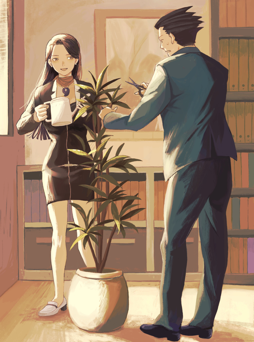 1boy 1girl ace_attorney arimoto_wada_dji black_dress black_footwear blue_jacket blue_pants blue_suit bookshelf brown_hair charley_(ace_attorney) dress framed highres holding holding_watering_can indoors jacket lapels long_hair long_sleeves looking_at_another magatama mia_fey pants pencil_dress phoenix_wright plant potted_plant scarf shoes short_dress standing suit suit_jacket swept_bangs watering_can white_footwear yellow_scarf