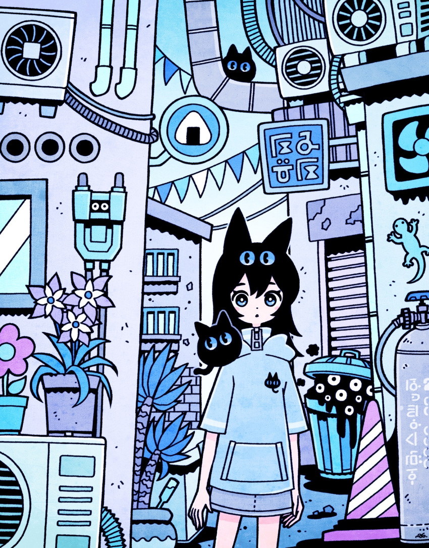 1girl air_conditioner animal animal_ears arms_at_sides blue_theme bright_pupils bunting canister cat cat_ears commentary_request creature dot_nose extra_eyes flower_pot food garouma highres hood hood_down hoodie industrial_pipe lizard looking_at_viewer medium_hair notice_lines onigiri original palm_tree parted_lips plant potted_plant sign skirt solo traffic_cone translation_request tree white_pupils window zipper_pull_tab