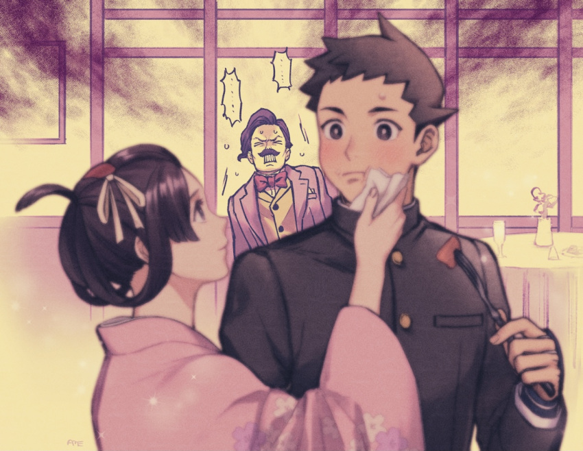 &gt;_&lt; 1girl 2boys ace_attorney amemomism black_hair black_jacket blurry blurry_foreground blush bow bowtie brown_eyes brown_hair brown_jacket clenched_teeth closed_eyes closed_mouth commentary_request facial_hair floral_print fork frustrated hair_ribbon hair_rings hand_on_another's_face hand_up holding holding_fork indoors jacket japanese_clothes kimono long_sleeves looking_at_another multiple_boys mustache open_mouth pink_kimono profile red_bow red_bowtie ribbon ryunosuke_naruhodo short_hair smile soseki_natsume speech_bubble susato_mikotoba sweatdrop table teeth the_great_ace_attorney tissue upper_body vase wide_sleeves wiping_face yellow_ribbon